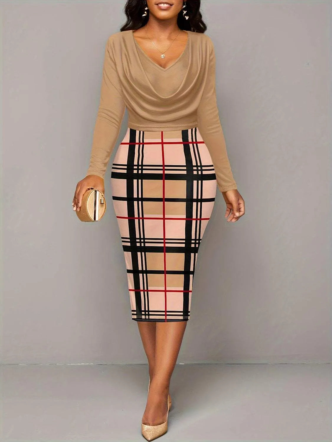 Plus Size Plaid Long Sleeve Mini Dress Tan Casual Dresses - Tophatter Daily Deals