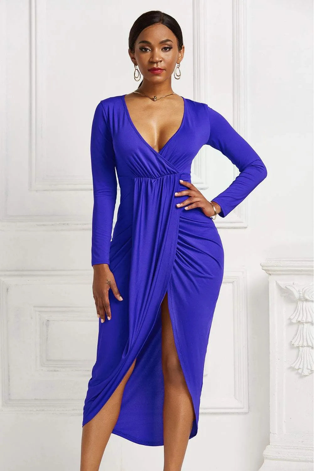 High-low Ruched Surplice Long Sleeve Dress Cocktail Dresses - Tophatter Daily Deals