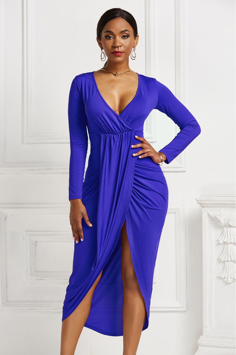 High-low Ruched Surplice Long Sleeve Dress - Tophatter Deals