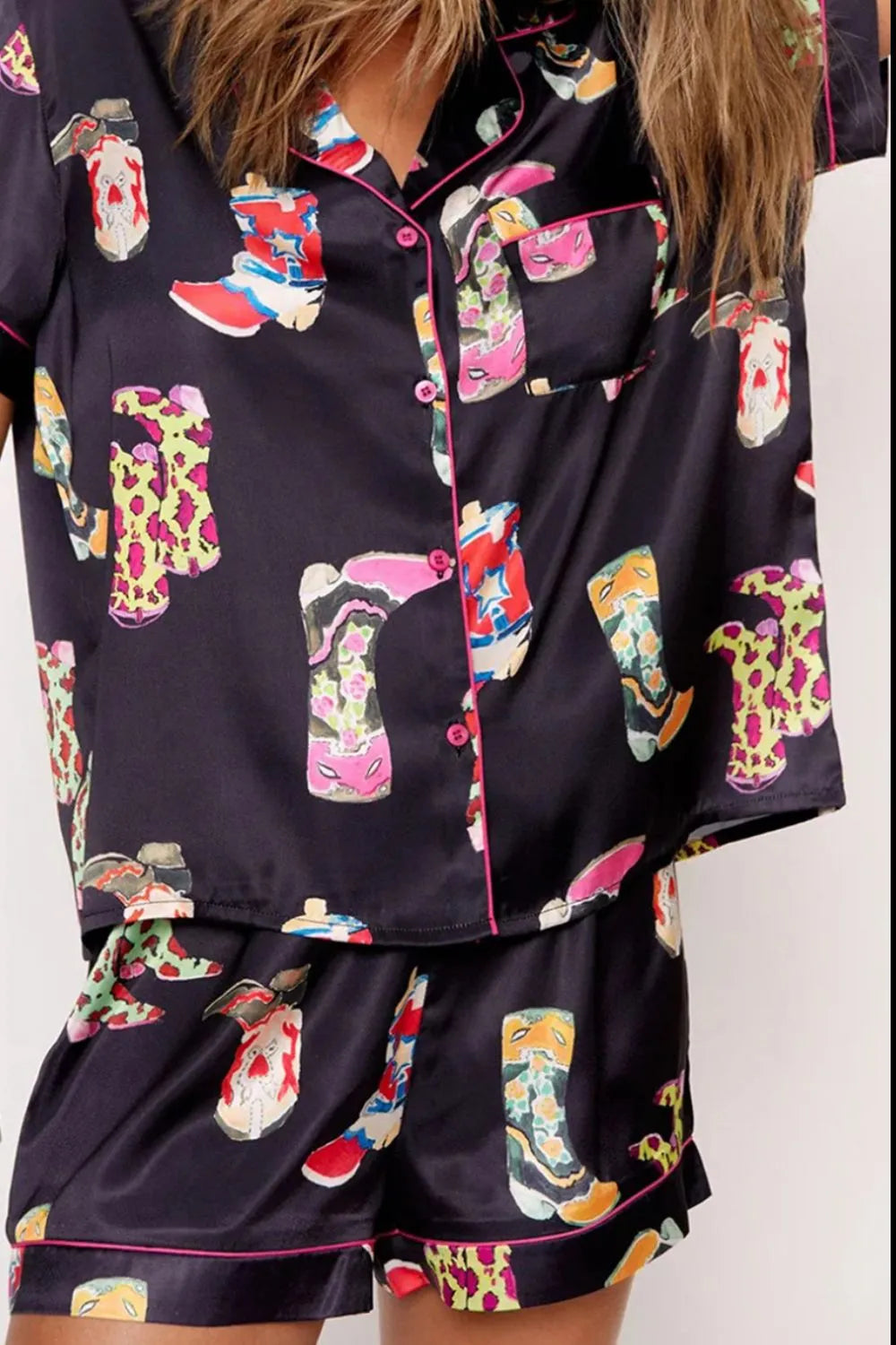 Printed Button Up Short Sleeve Top and Shorts Lounge Set Loungewear Sets - Tophatter Daily Deals