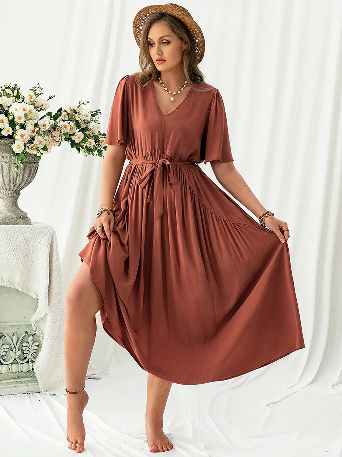 Plus Size V-Neck Flutter Sleeve Midi Dress Casual Dresses - Tophatter Daily Deals