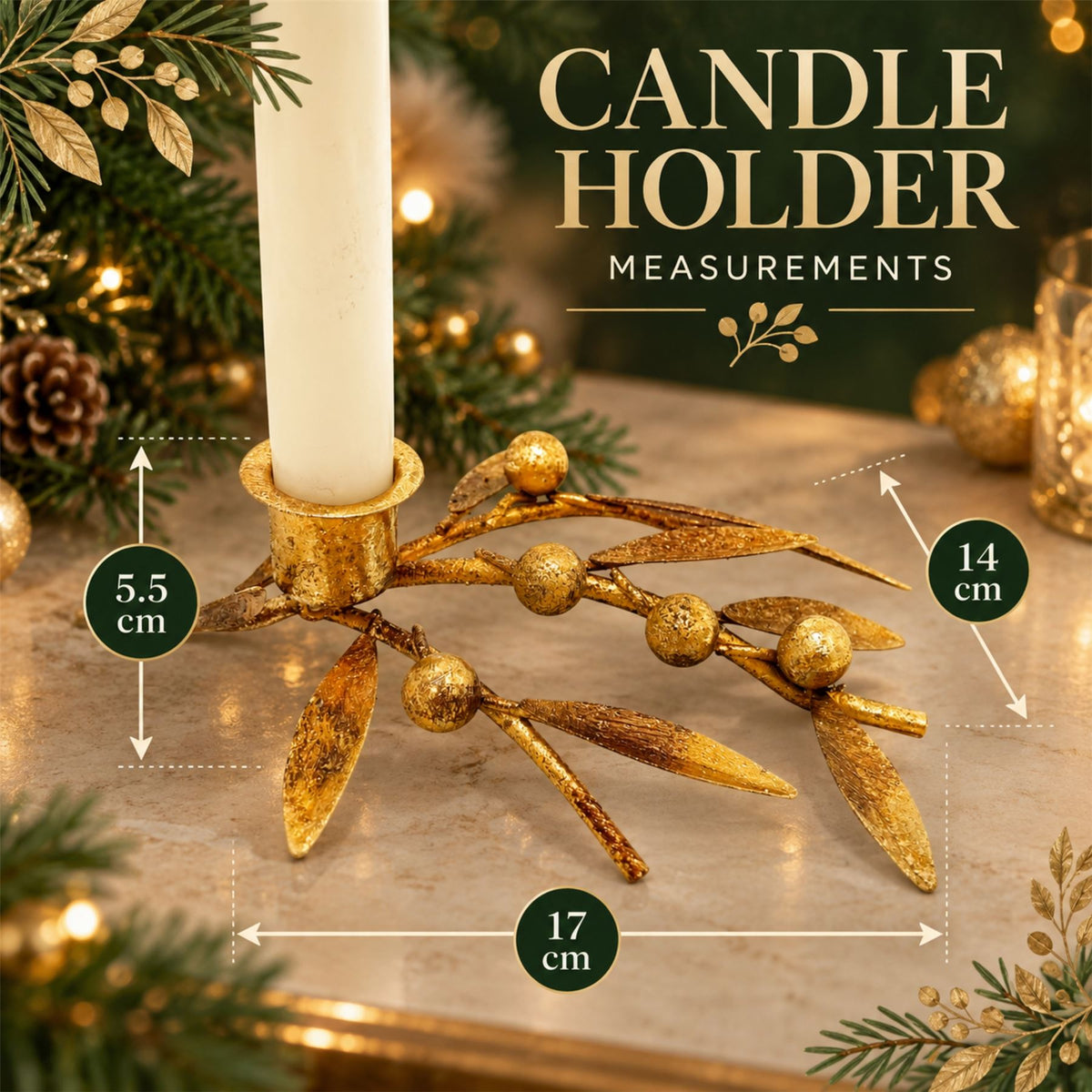 Antique Gold Sprig & Berry Candle Holder, Gisela Graham Christmas 17cm Candlestick - Tophatter Daily Deals