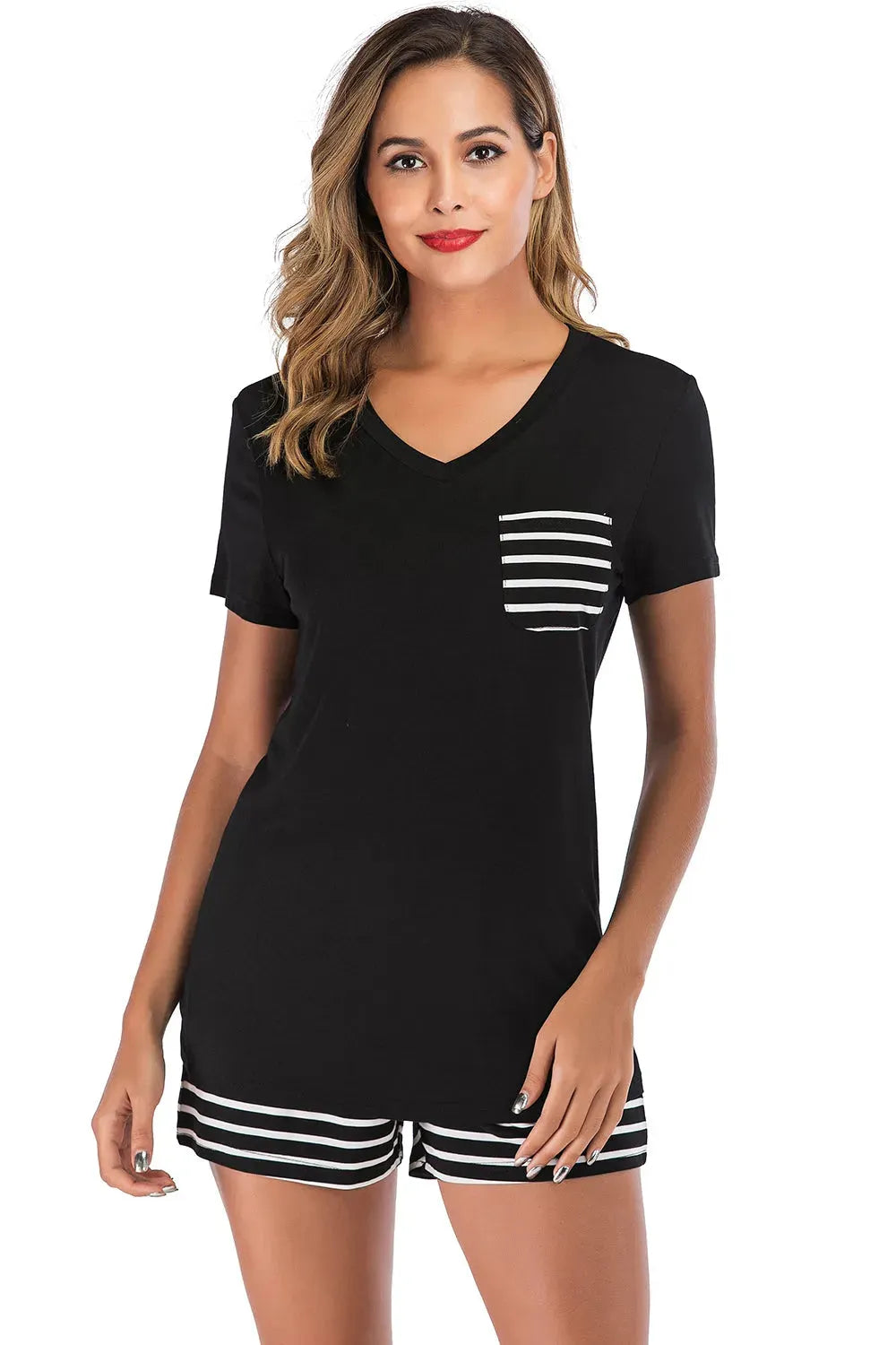 Striped Short Sleeve Top and Shorts Lounge Set Loungewear Sets - Tophatter Daily Deals