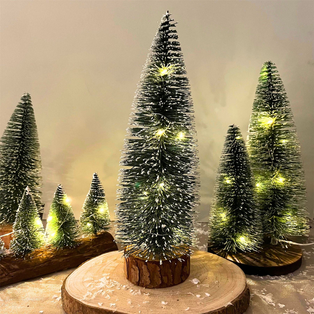 LED Bottle Brush Christmas Tree | Snowy Green Pine Christmas Village Tree 30cm LED Light - Tophatter Daily Deals