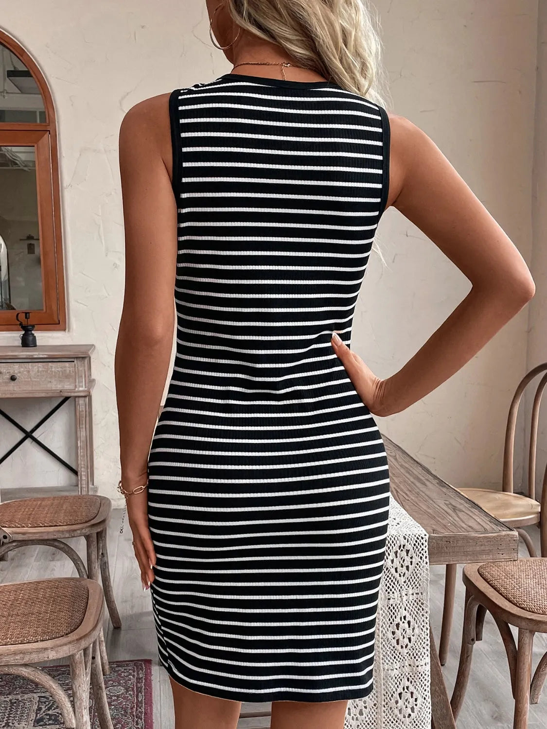 Striped Round Neck Wide Strap Mini Dress Casual Dresses - Tophatter Daily Deals