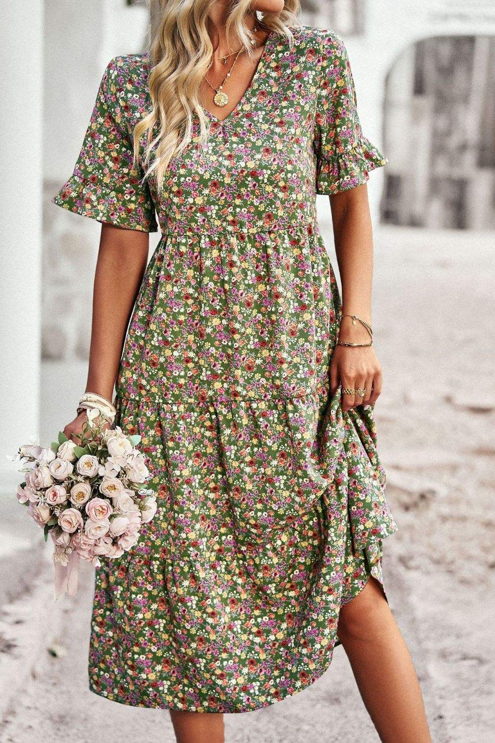 Floral V-Neck Flounce Sleeve Midi Dress Casual Dresses - Tophatter Daily Deals