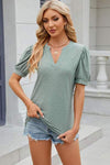 Eyelet Notched Puff Sleeve T-Shirt Gum Leaf Women's T-Shirts - Tophatter Daily Deals