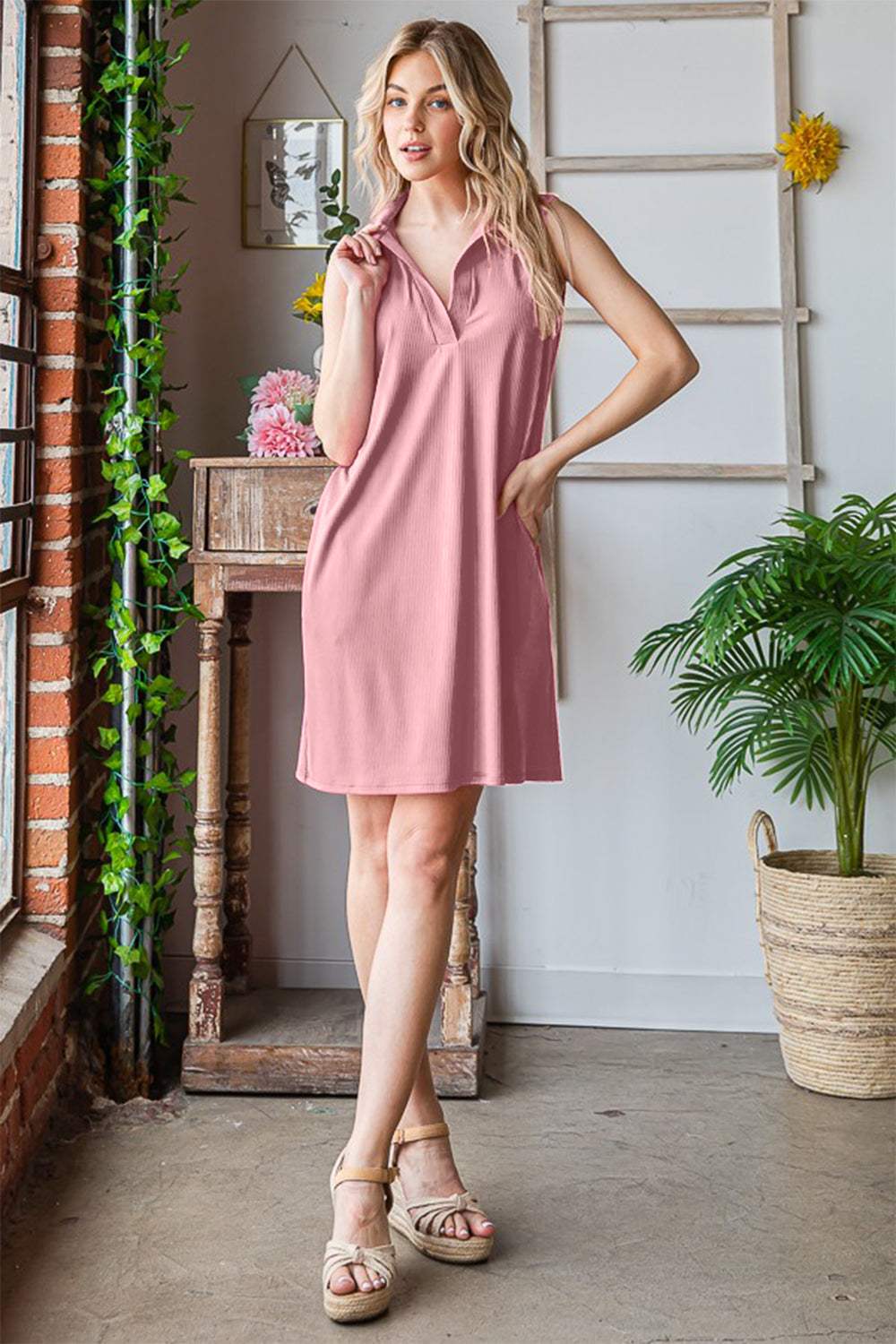 Heimish Full Size Ribbed Johnny Collar Sleeveless Dress Casual Dresses - Tophatter Daily Deals