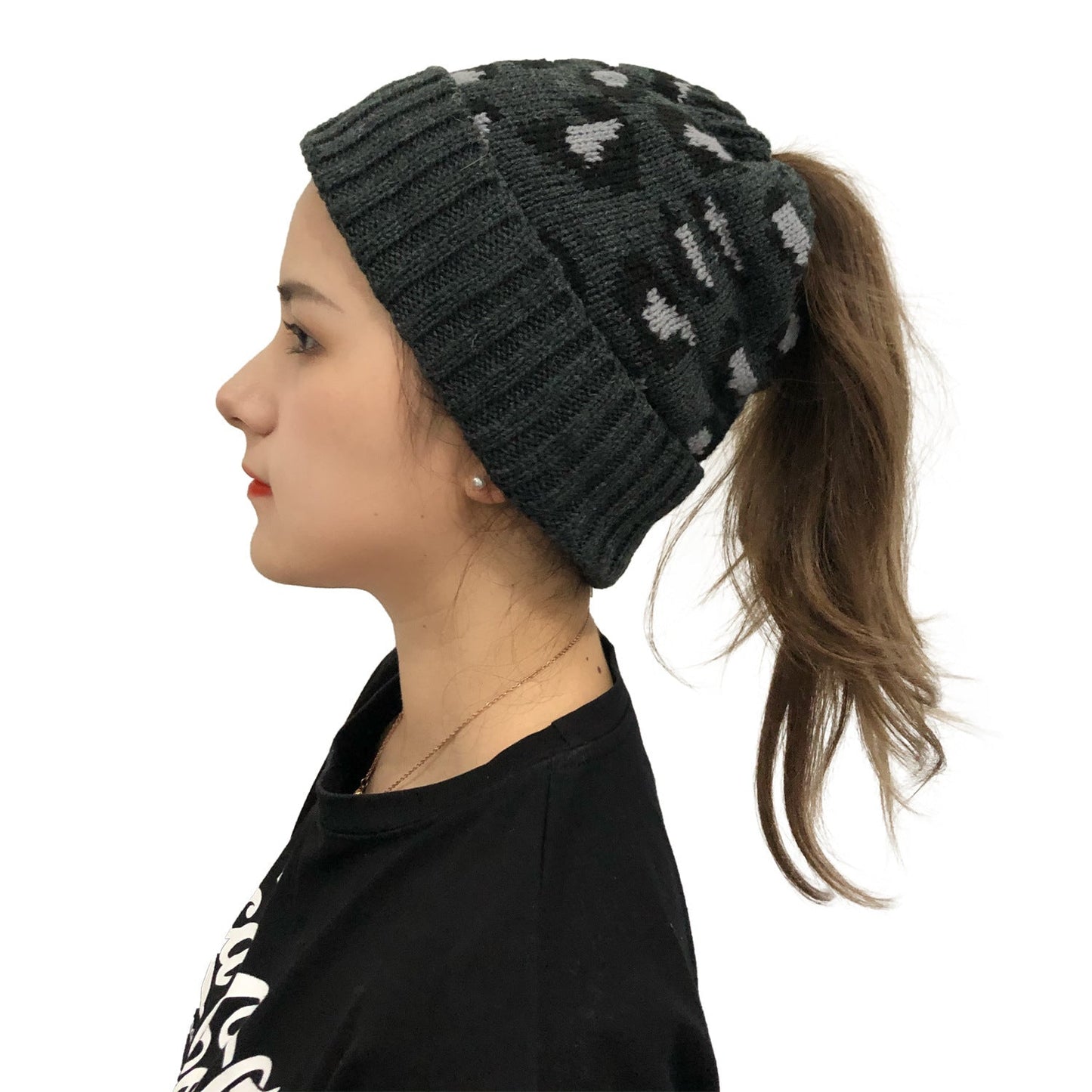 Autumn And Winter New Leopard Print Knitted Beanie Dark Grey 0 - Tophatter Daily Deals