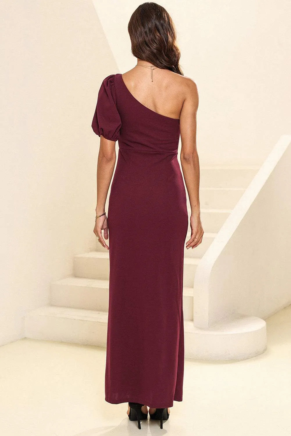 One shoulder Balloon Sleeve Slit Maxi Dress Cocktail Dresses - Tophatter Daily Deals