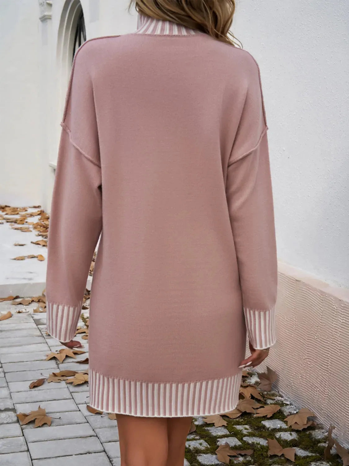 Striped Mock Neck Long Sleeve Sweater Dress Casual Dresses - Tophatter Daily Deals