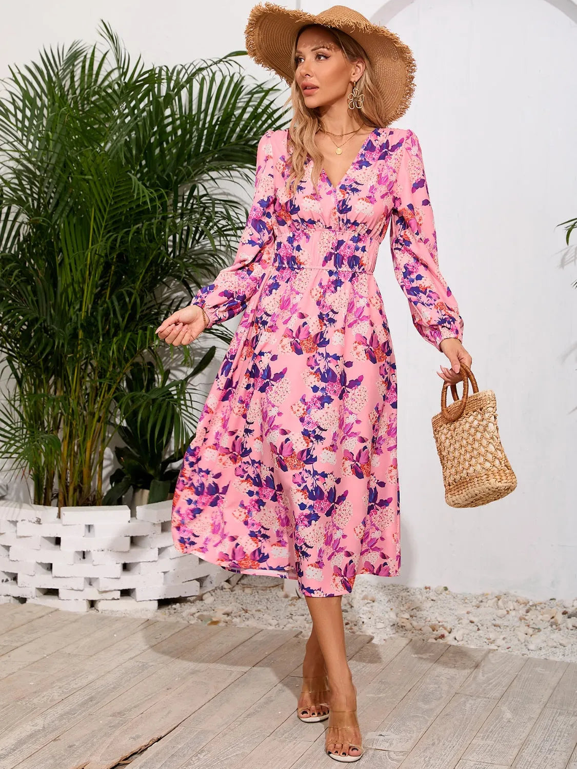 Printed Surplice Long Sleeve Midi Dress Casual Dresses - Tophatter Daily Deals