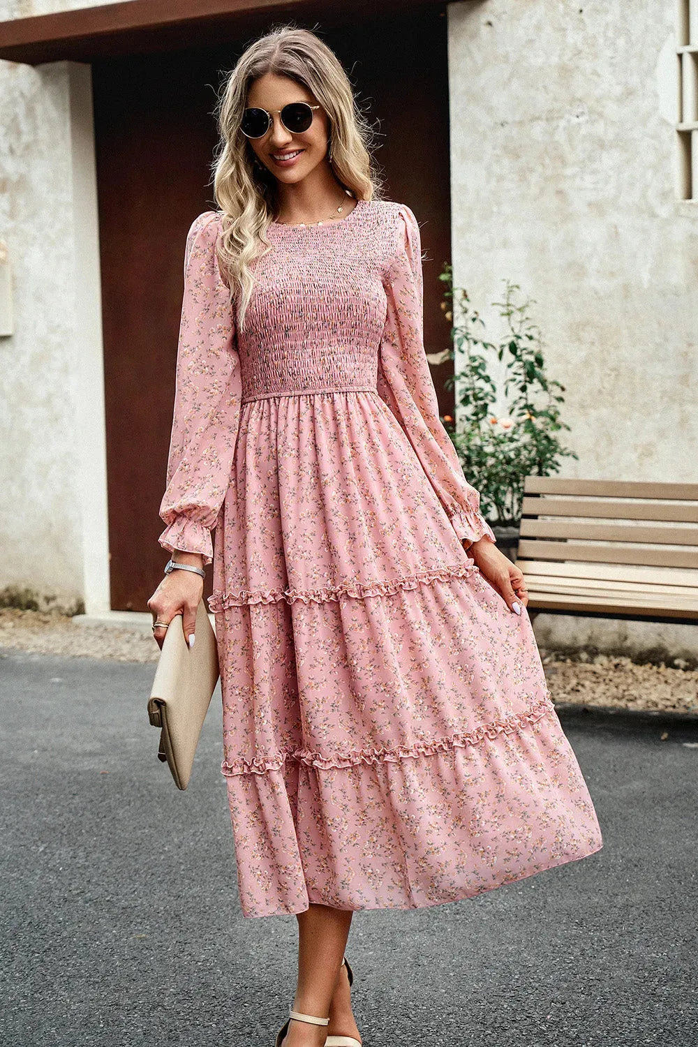 Smocked Flounce Sleeve Midi Dress Casual Dresses - Tophatter Daily Deals