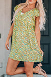 Ruffled Printed V-Neck Cap Sleeve Dress Chartreuse Casual Dresses - Tophatter Daily Deals