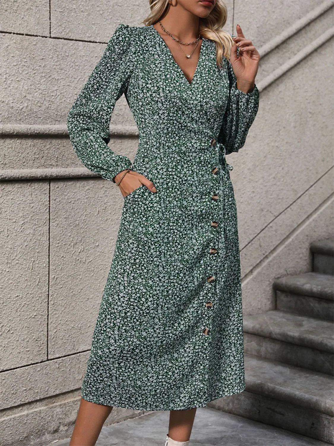 Printed Surplice Long Sleeve Midi Dress Casual Dresses - Tophatter Daily Deals