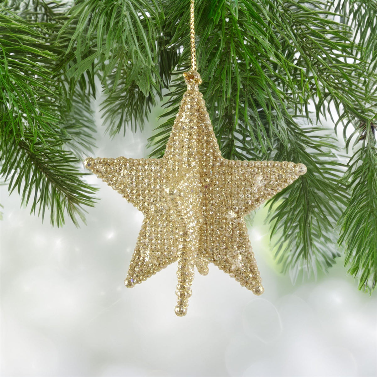 Gold Beaded Star Bauble | Gold Glitter 3D Star Christmas Tree Ornament - 9cm Baubles - Tophatter Daily Deals