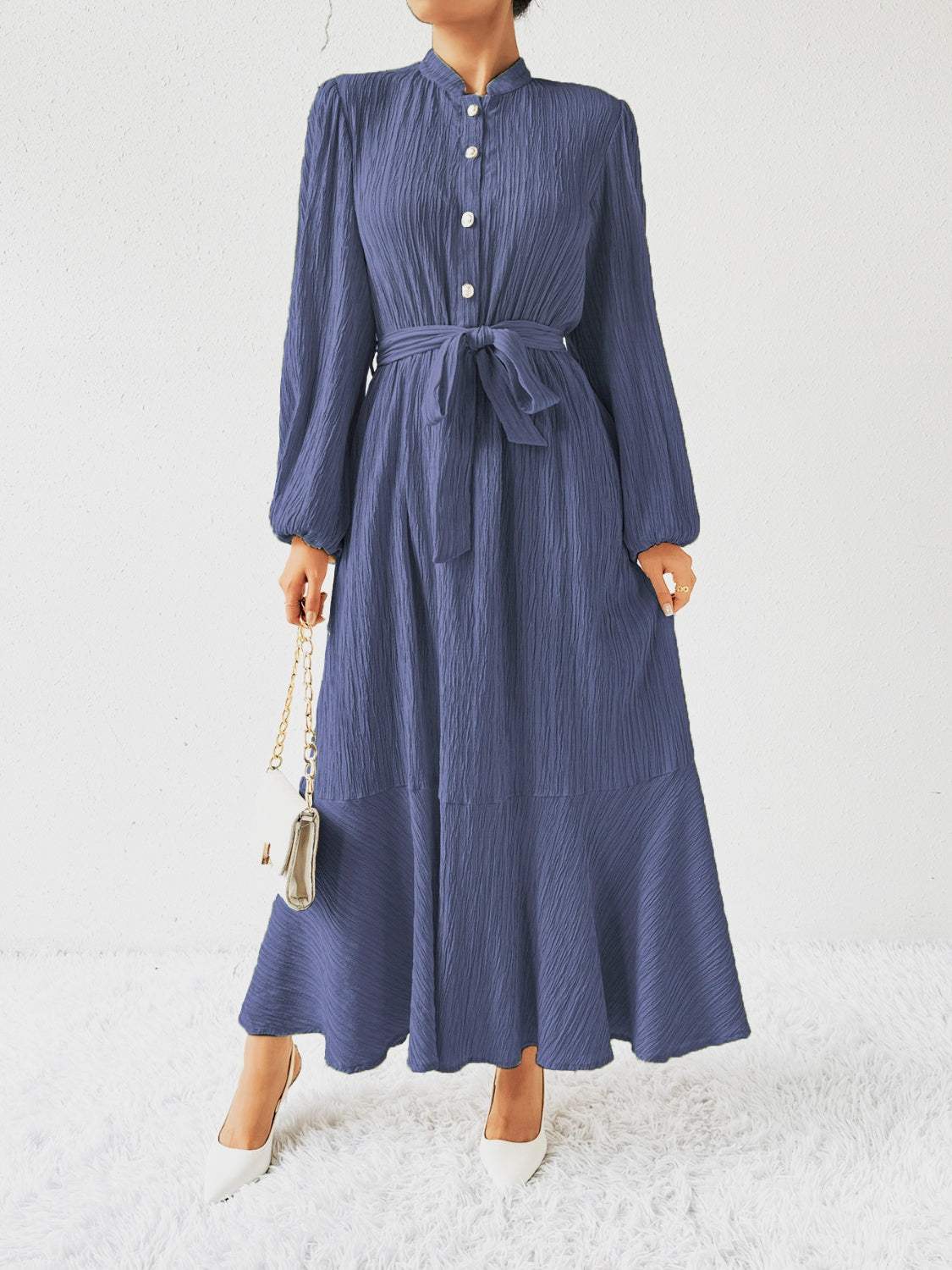 Tie Waist Long Sleeve Dress Dusty Blue Casual Dresses - Tophatter Daily Deals