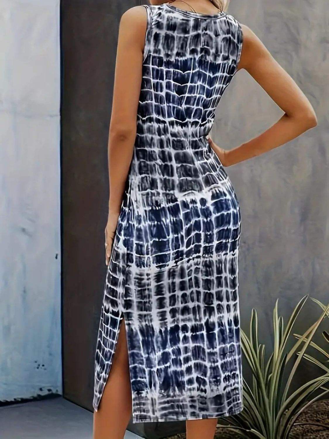 Slit Printed Round Neck Sleeveless Dress Casual Dresses - Tophatter Daily Deals