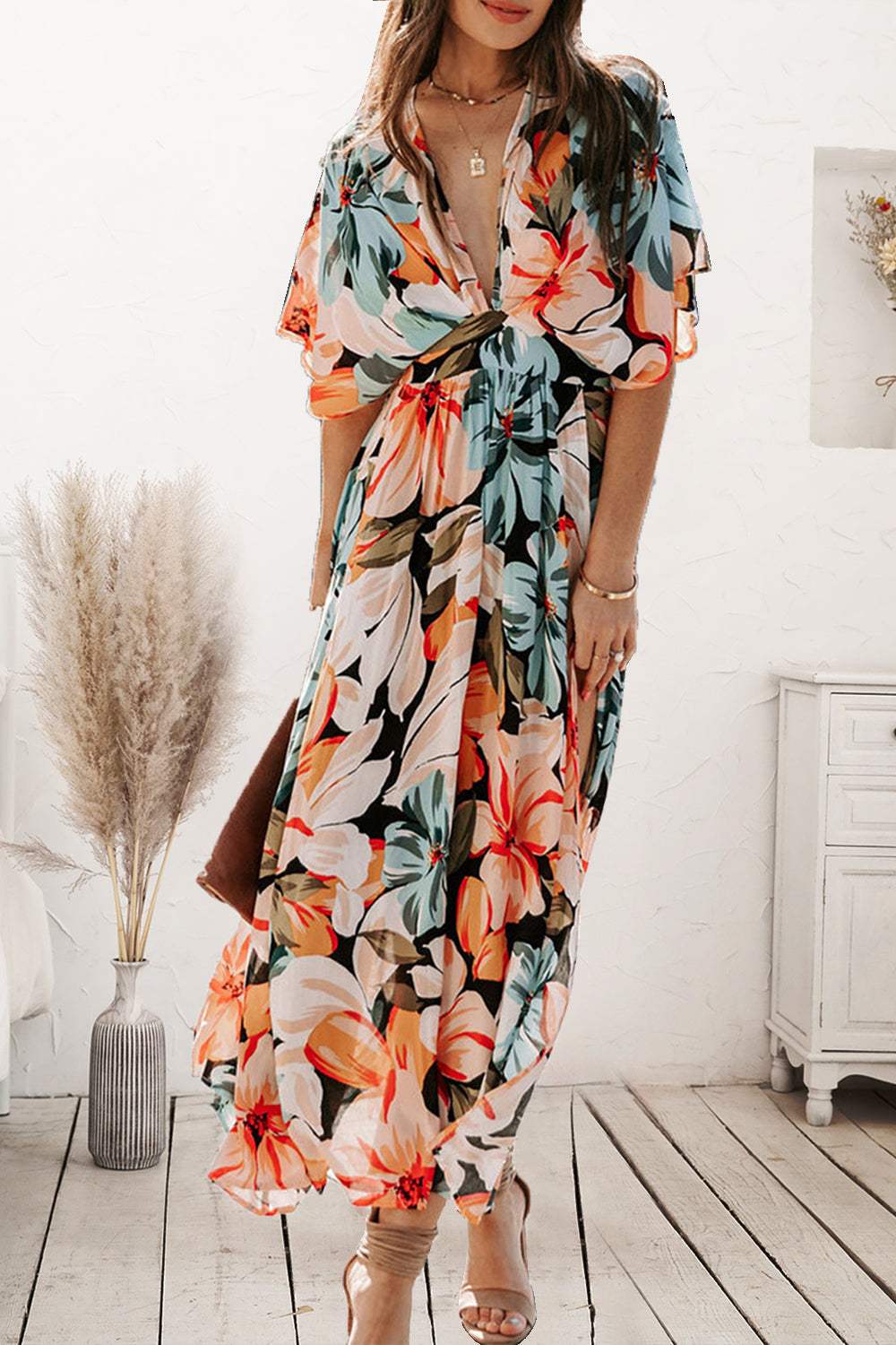 Plunge Printed Split Midi Dress Casual Dresses - Tophatter Daily Deals