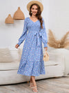 Smocked V-Neck Tie Belt Dress Misty Blue Casual Dresses - Tophatter Daily Deals