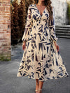 Printed V-Neck Long Sleeve Midi Dress Casual Dresses - Tophatter Daily Deals