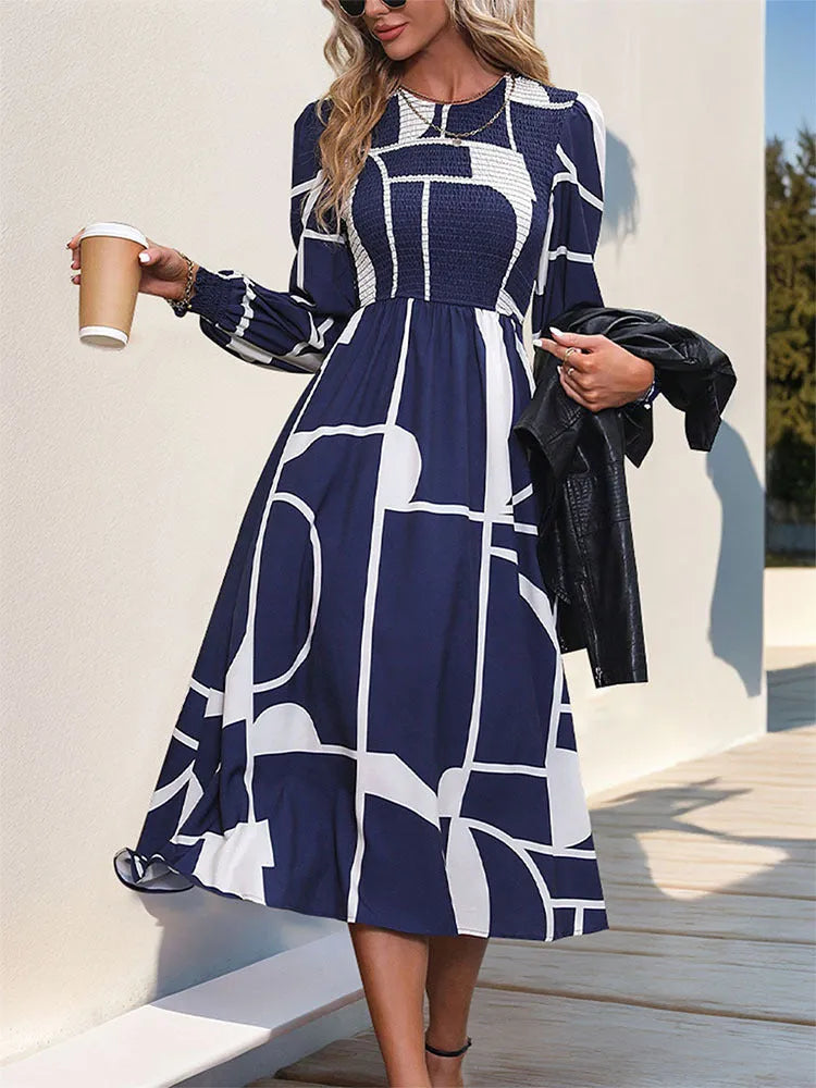 Perfee Smocked Color Block Long Sleeve Midi Dress Dark Navy Casual Dresses - Tophatter Daily Deals