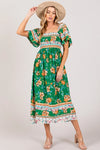 SAGE + FIG Printed Smocked Short Sleeve Midi Dress GREEN Casual Dresses - Tophatter Daily Deals