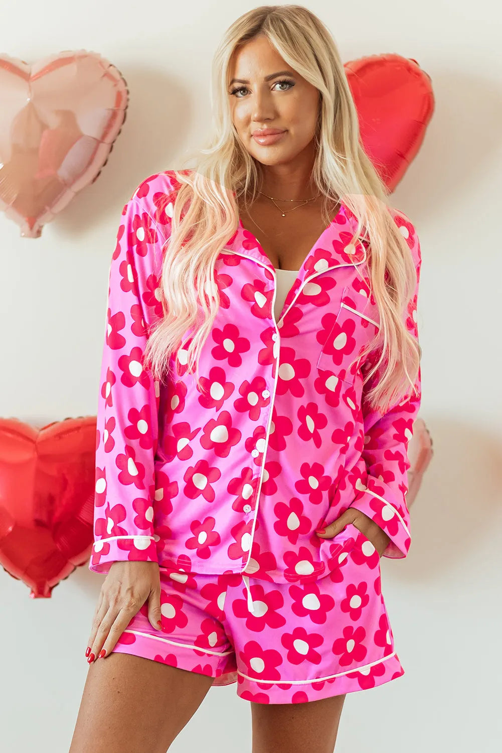 Pink Flower Print Long Sleeve Shirt Shorts Pajamas Set Loungewear & Sleepwear/Sleepwear - Tophatter Daily Deals