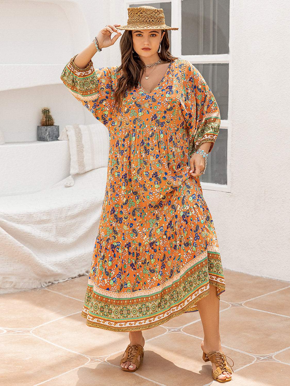 Plus Size Floral V-Neck Balloon Sleeve Midi Dress Casual Dresses - Tophatter Daily Deals