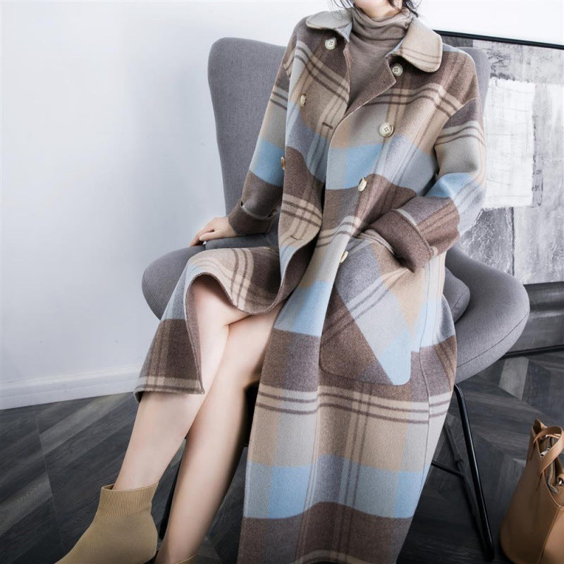 Warm Women's Checked Wool Mid-Length Coat - Double-Breasted 3D Changing Face Moving Picture Frame - Tophatter Daily Deals