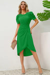 Slit Ruched Round Neck Puff Sleeve Dress Casual Dresses - Tophatter Daily Deals