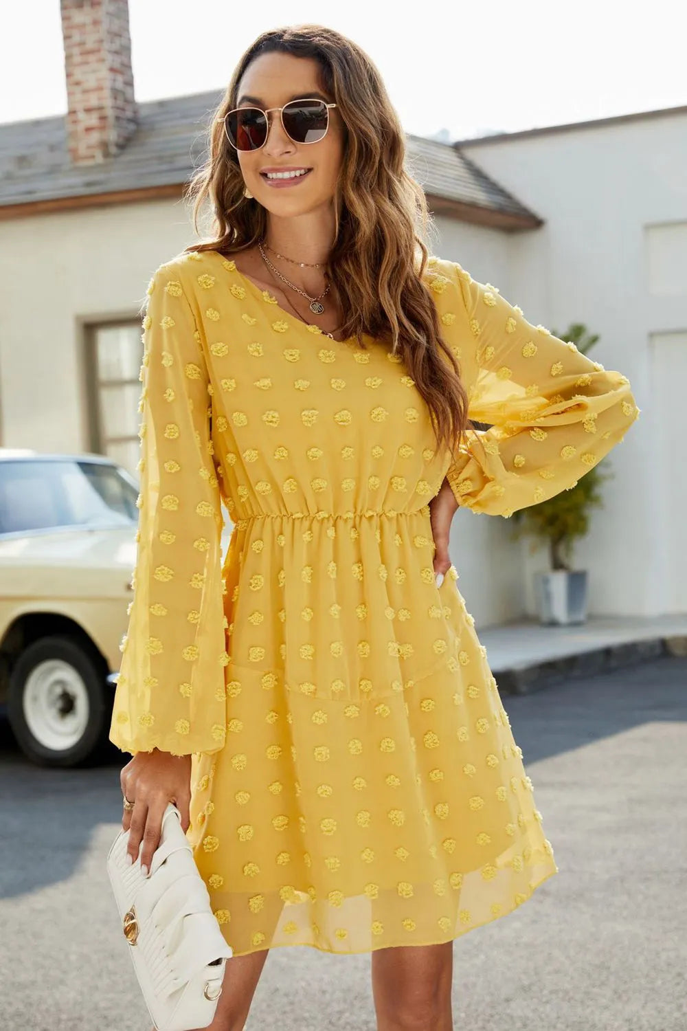 Swiss Dot V-Neck Lantern Sleeve Mini Dress Banana Yellow Casual Dresses - Tophatter Daily Deals