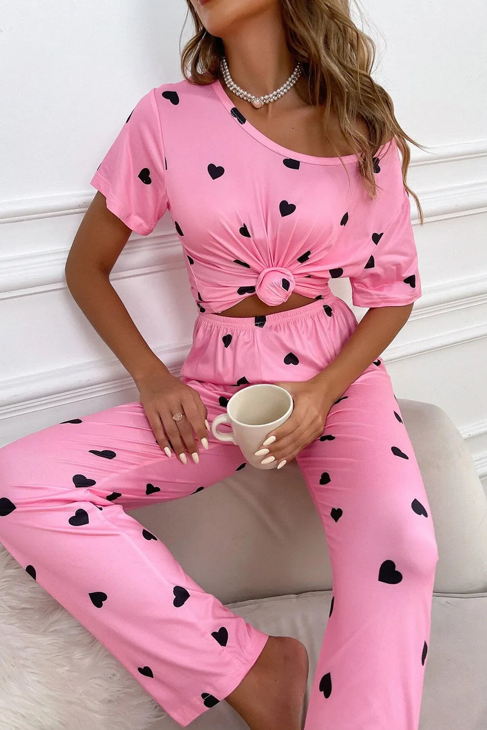 Pink Valentines Heart Print Tee and Pants Lounge Set Loungewear & Sleepwear/Sleepwear - Tophatter Daily Deals