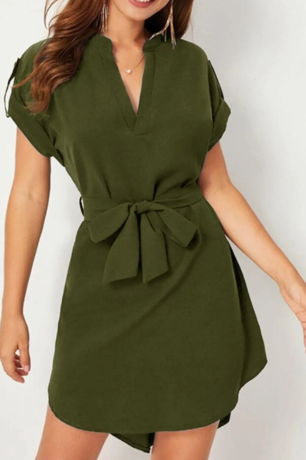 Tied Notched Short Sleeve Dress Moss Casual Dresses - Tophatter Daily Deals