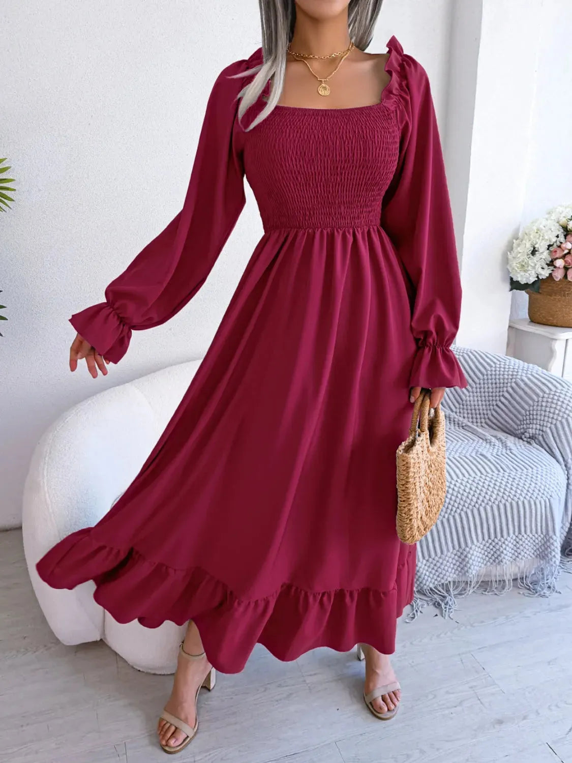 Smocked Square Neck Flounce Sleeve Dress Casual Dresses - Tophatter Daily Deals