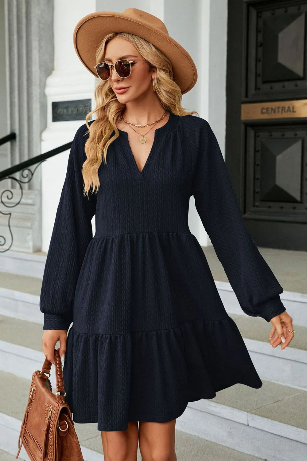 Notched Neck Long Sleeve Mini Dress Navy Casual Dresses - Tophatter Daily Deals