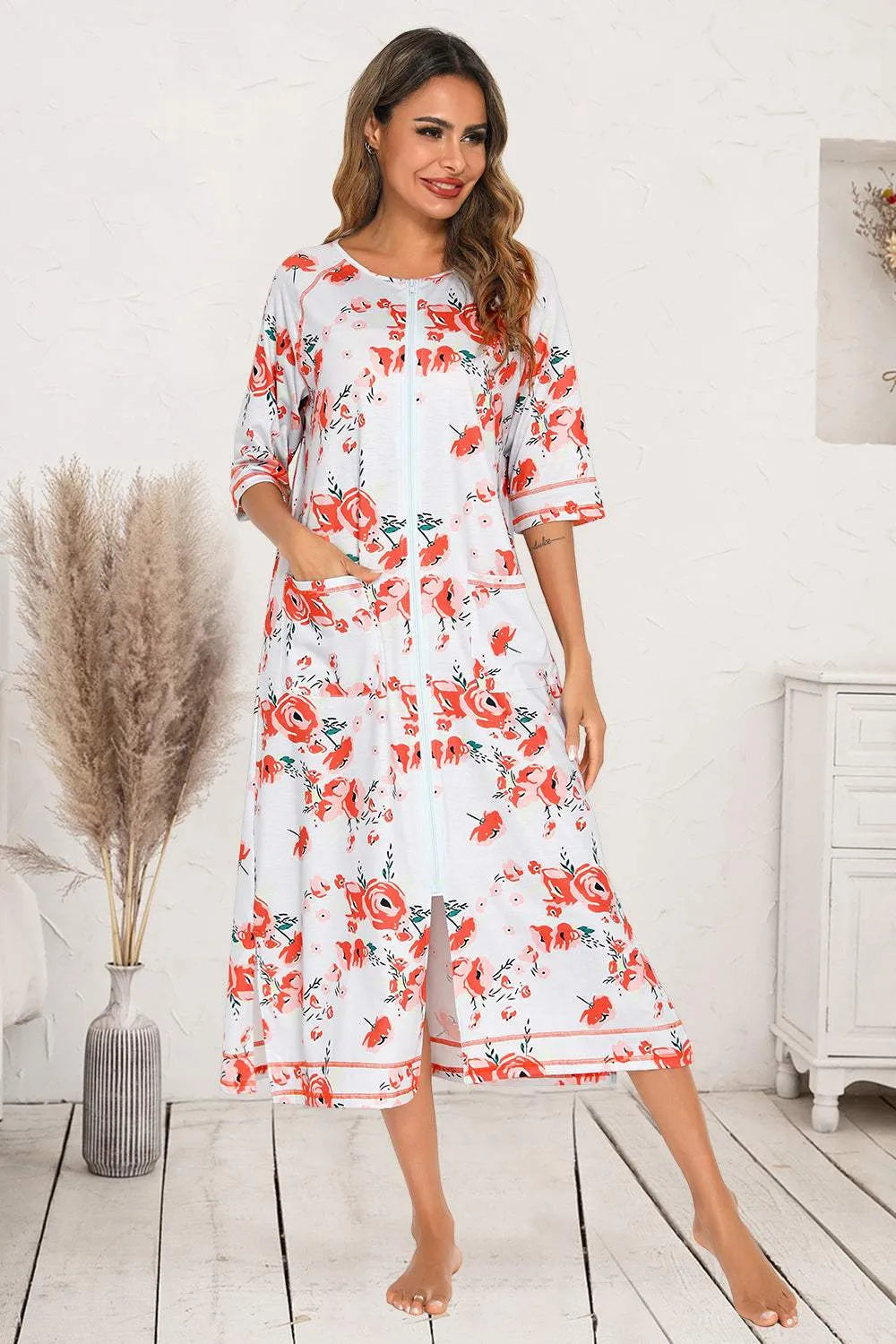 Printed Slit Night Dress with Pockets Burnt Coral Sleep Dresses - Tophatter Daily Deals