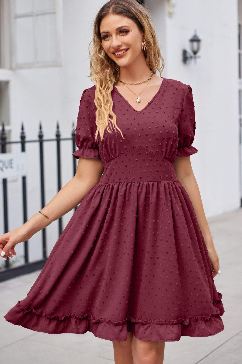 Swiss Dot Frill Trim Flounce Sleeve V-Neck Dress Casual Dresses - Tophatter Daily Deals