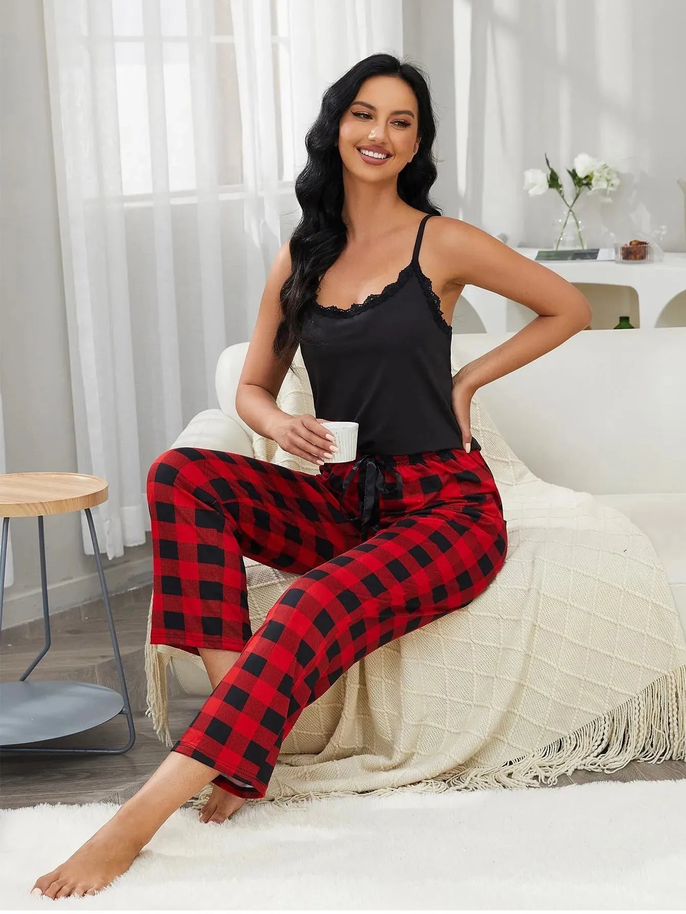Lace Trim Cami and Plaid Pants Lounge Set Loungewear Sets - Tophatter Daily Deals