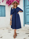 Frill Slit V-Neck Three-Quarter Sleeve Dress Navy Casual Dresses - Tophatter Daily Deals