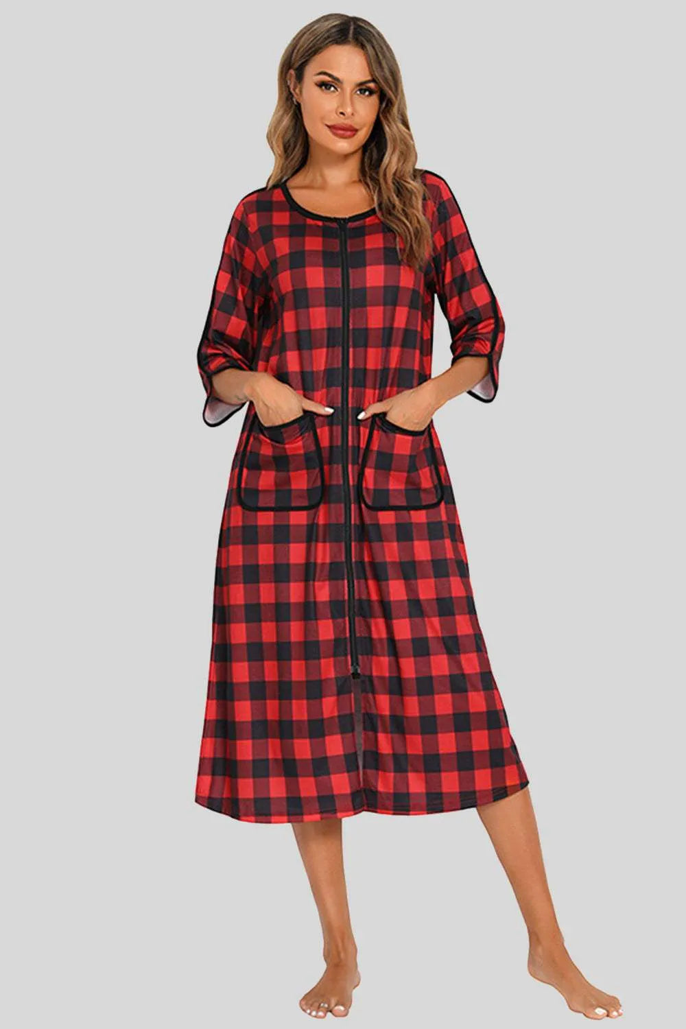 Round Neck Three-Quarter Sleeve Midi Night Dress Wine Sleep Dresses - Tophatter Daily Deals