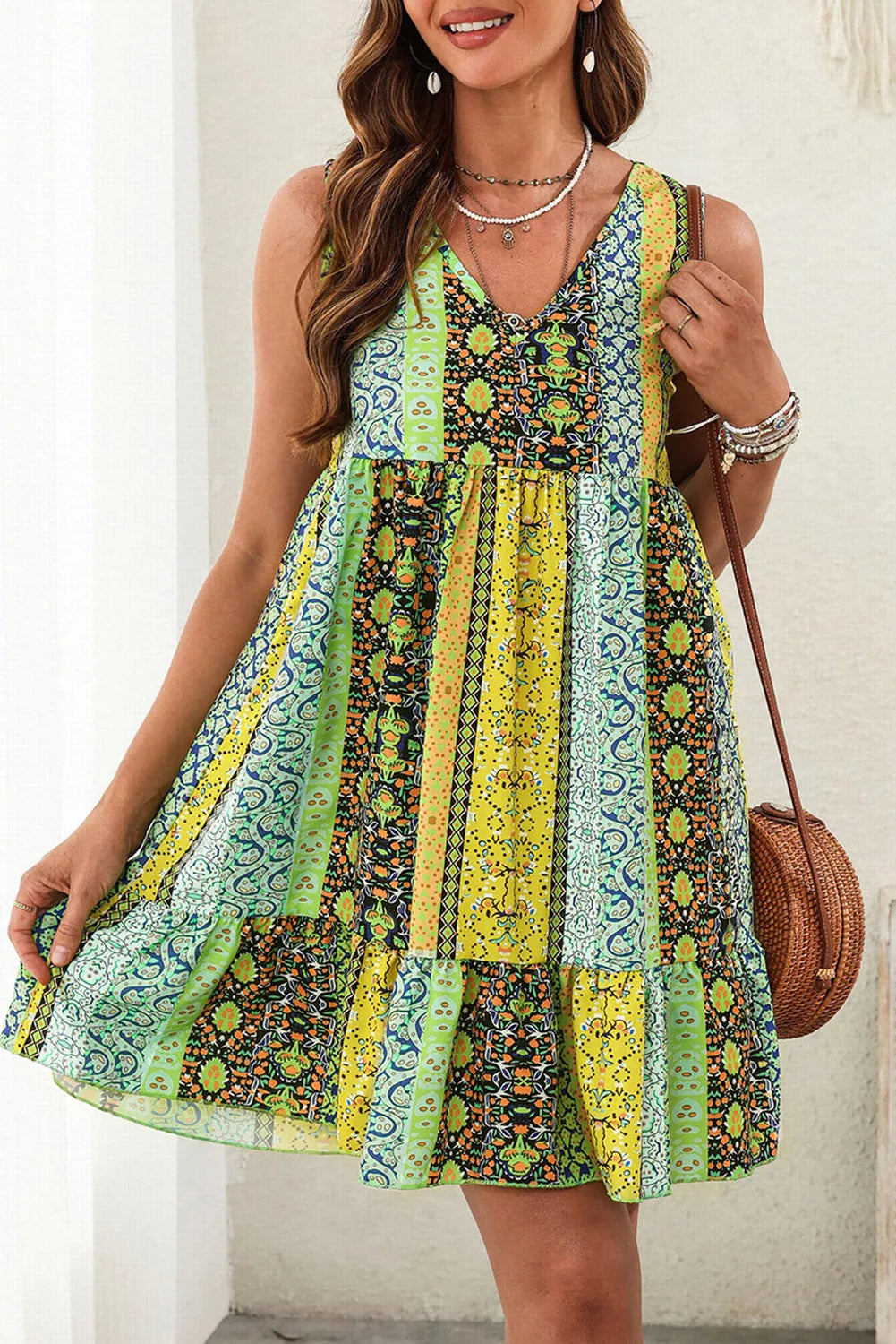 Printed V-Neck Mini Dress Chartreuse Casual Dresses - Tophatter Daily Deals