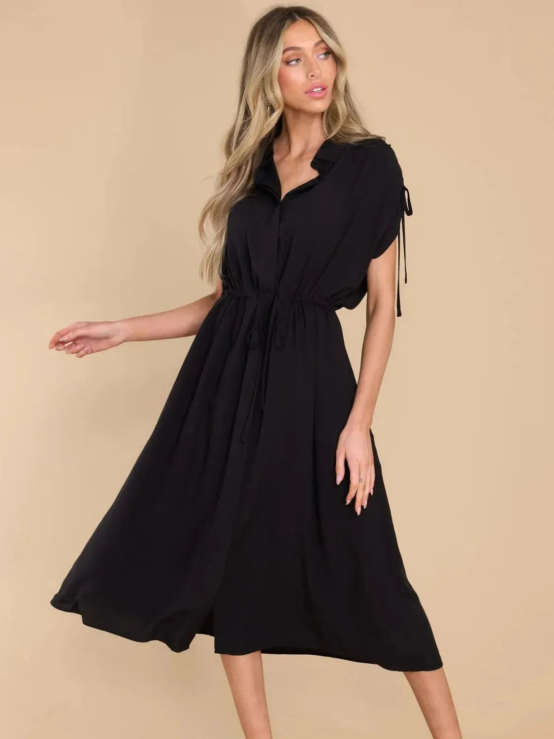Drawstring Collared Neck Short Sleeve Midi Dress Casual Dresses - Tophatter Daily Deals
