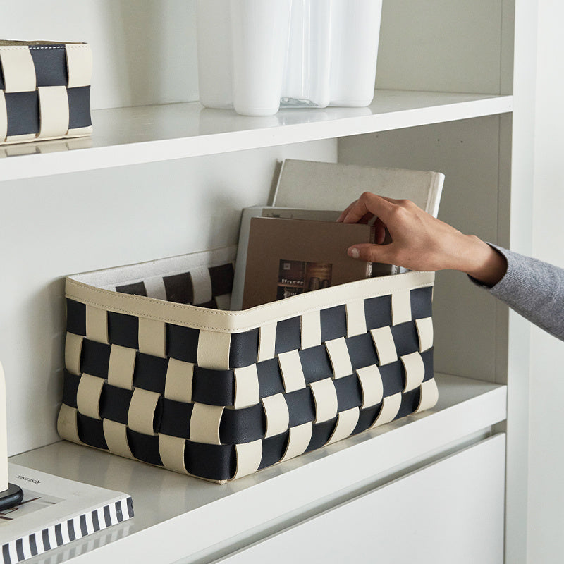 Black And White Hand Woven Storage Basket PU 0 - Tophatter Daily Deals