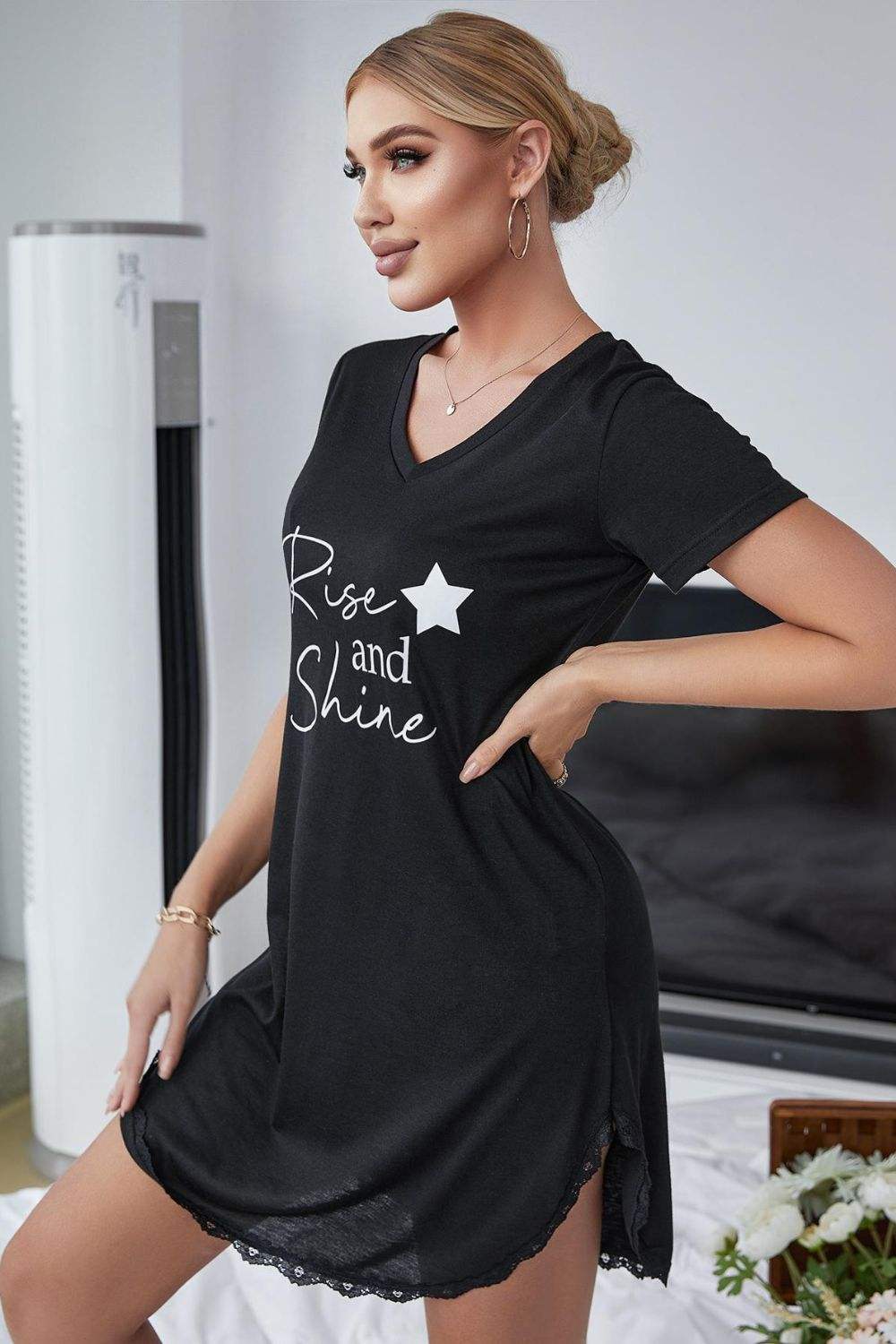 RISE AND SHINE Contrast Lace V-Neck T-Shirt Dress Sleep Dresses - Tophatter Daily Deals