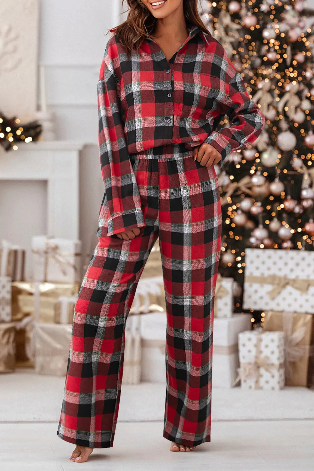 Red Christmas Checkered Pattern Loose Shirt and Pants Lounge Set Red 65%Polyester+35%Cotton Loungewear & Sleepwear/Loungewear - Tophatter Daily Deals