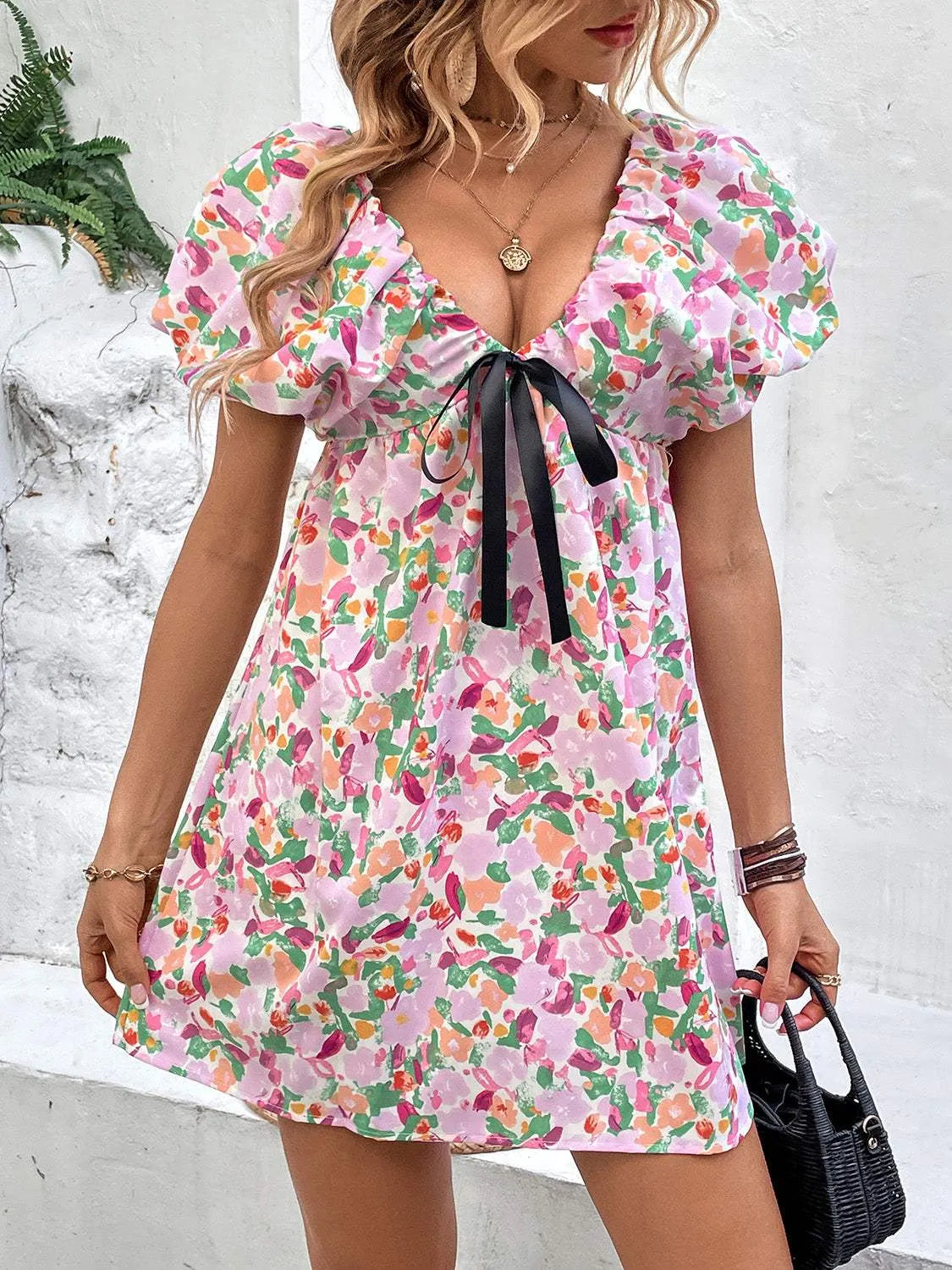 Printed V-Neck Puff Sleeve Mini Dress Casual Dresses - Tophatter Daily Deals