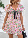 Printed V-Neck Puff Sleeve Mini Dress Casual Dresses - Tophatter Daily Deals