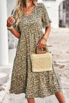 Floral V-Neck Flounce Sleeve Midi Dress Casual Dresses - Tophatter Daily Deals