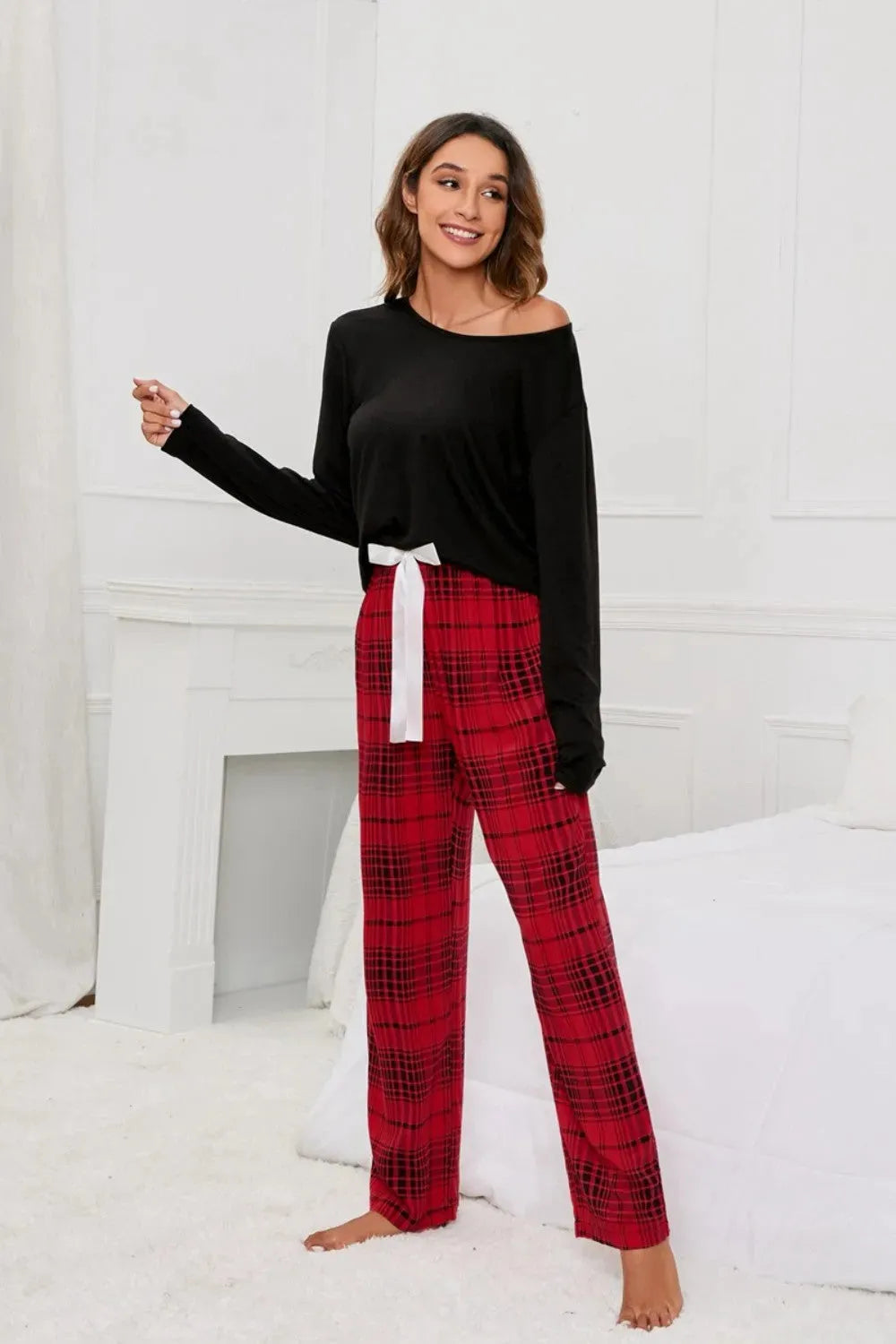 Round Neck Long Sleeve Top and Bow Plaid Pants Lounge Set Loungewear Sets - Tophatter Daily Deals